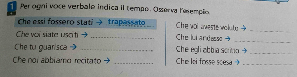 Per ogni voce verbale indica il tempo. Osserva l’esempio. 
_ 
Che essi fossero stati trapassato Che voi aveste voluto 
Che voi siate usciti _Che lui andasse 
_ 
Che tu guarisca _Che egli abbia scritto_ 
Che noi abbiamo recitato _Che lei fosse scesa_