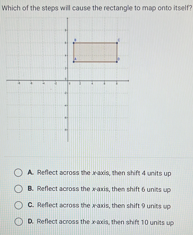 Which of the steps will cause the rectangle to map onto itself?
A. Reflect across the x-axis, then shift 4 units up
B. Reflect across the x-axis, then shift 6 units up
C. Reflect across the x-axis, then shift 9 units up
D. Reflect across the x-axis, then shift 10 units up