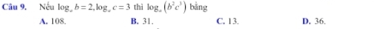 Nếu log _ab=2, log _ac=3 thì log _a(b^2c^3) bǎng
A. 108. B. 31. C. 1 3. D. 36.