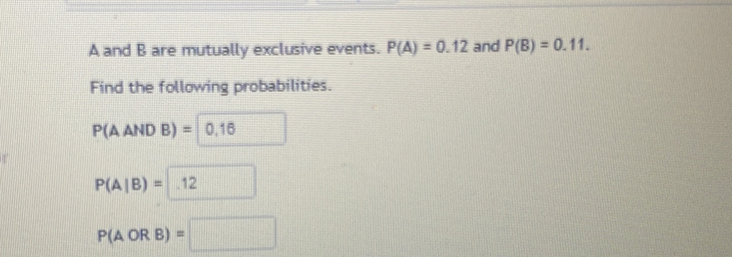 A and B are mutually exclusive events. P(A)=0.12 and P(B)=0.11. 
Find the following probabilities.
P(AANDB)=|0.16
P(A|B)= .12
P(AORB)=□