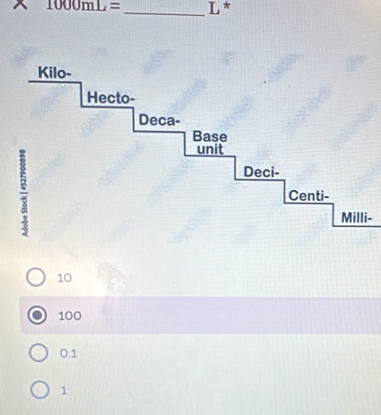 1000mL= _ L *
-
10
100
0.1
1