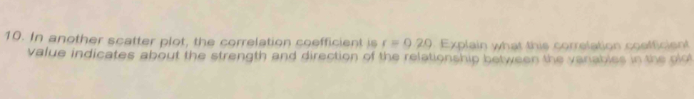 In another scatter plot, the correlation coefficient is r=0.20 Explain what this correlation coefficient 
value indicates about the strength and direction of the relationship between the vanables in the plot