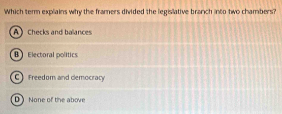 Which term explains why the framers divided the legislative branch into two chambers?
A Checks and balances
B Electoral politics
C Freedom and democracy
D None of the above