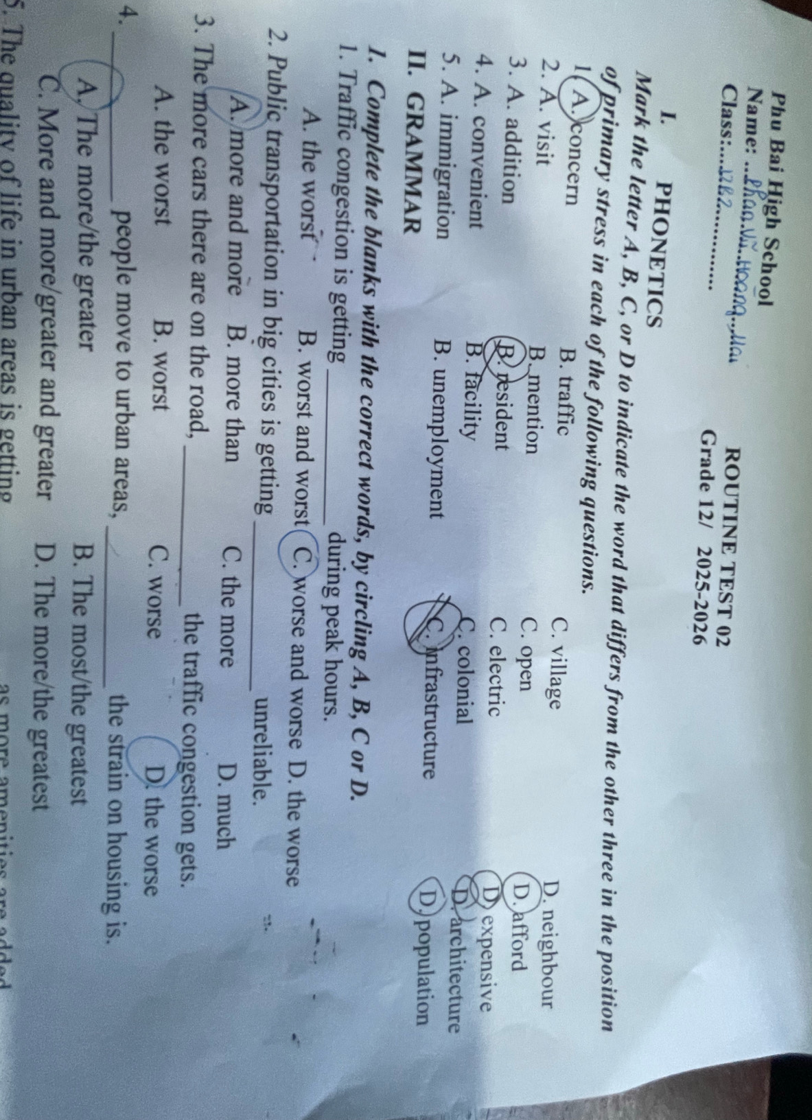 Giải quyết:Phu Bai High School Name: _ROUTINE TEST 02 Class:_ Grade 12/ ...