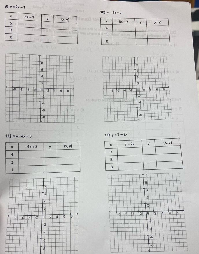 y=2x-1
10) y=3x-7

11) y=-4x+8 12) y=7-2x