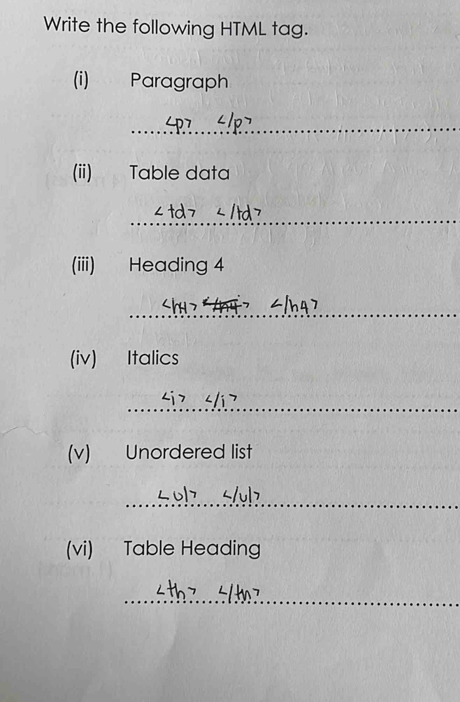 Write the following HTML tag. 
(i) Paragraph 
_ 
(ii) Table data 
_ 
(iii) Heading 4 
_ 
(iv) Italics 
_ 
__ 
(v) Unordered list 
_ 
_ 
(vi) Table Heading 
_