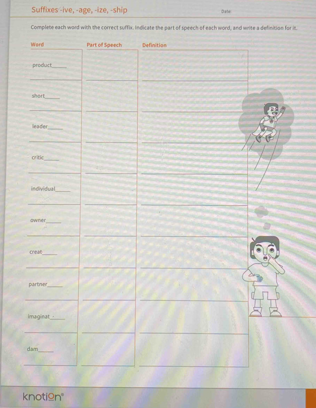 Suffixes -ive, -age, -ize, -ship Date: 
Complete each word with the correct suffix. Indicate the part of speech of each word, and write a definition for it. 
knotign°