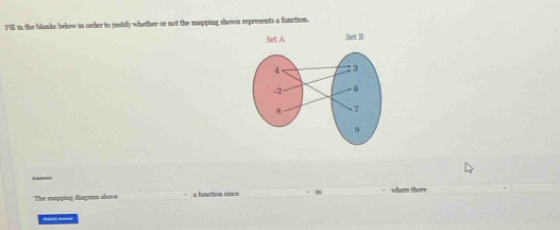 Fill in the blanks below in order to justify whether or not the mapping shown represents a function. 
The mapping diagram above . a function since - m where there 
__