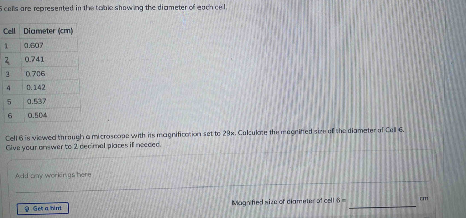 Solved: cells are represented in the table showing the diameter of each ...