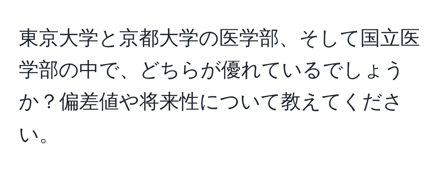 東京大学と京都大学の医学部、そして国立医学部の中で、どちらが優れているでしょうか？偏差値や将来性について教えてください。