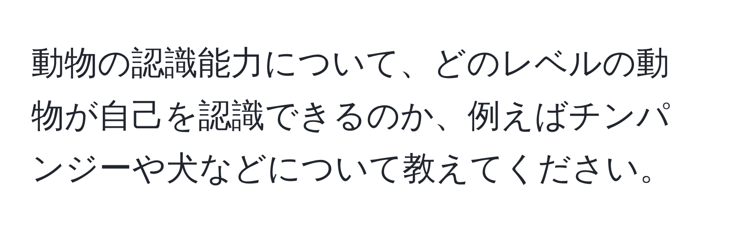 動物の認識能力について、どのレベルの動物が自己を認識できるのか、例えばチンパンジーや犬などについて教えてください。