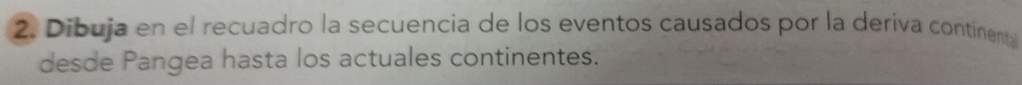 Dibuja en el recuadro la secuencia de los eventos causados por la deriva continenta 
desde Pangea hasta los actuales continentes.