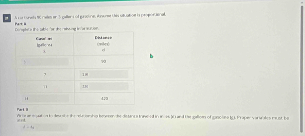 A car travels 90 miles on 3 gallons of gasoline. Assume this situation is proportional. 
Part A 
Complete the table for the missing information. 
Part B 
used. Write an equation to describe the relationship between the distance traveled in miles (d) and the gallons of gasoline (g). Proper variables must be
d=3y