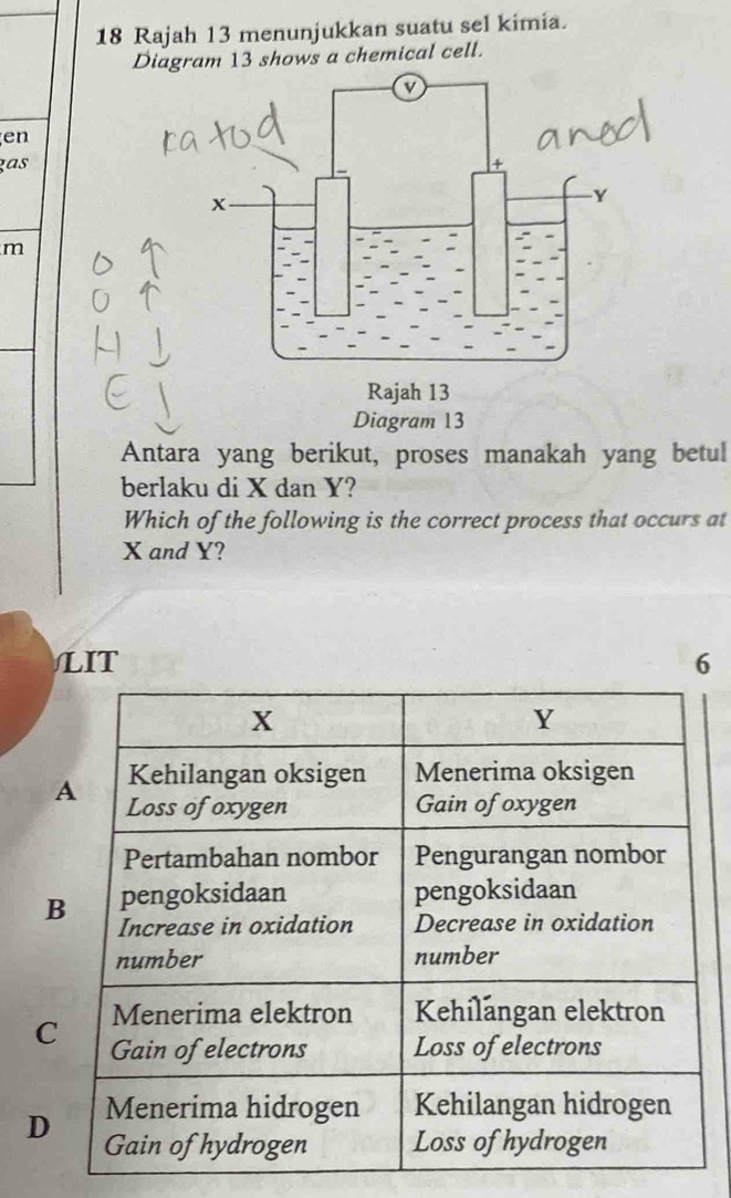 Rajah 13 menunjukkan suatu sel kimia.
Diagram 13 shows a chemical cell.
en
ças
m
Antara yang berikut, proses manakah yang betul
berlaku di X dan Y?
Which of the following is the correct process that occurs at
X and Y?
LIT 6
C
D