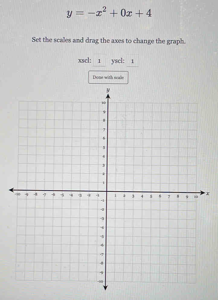 y=-x^2+0x+4
Set the scales and drag the axes to change the graph. 
xscl: 1 yscl: 1 
Done with scale
x