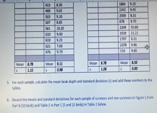 1884 9.15 
5. For each sample, calculate the 
tables. 
6. Record the means and standard deviations for each sample of survivors and non-survivors in Figure 1 from 
Parit B (50 birds) and Table 1 in Part C (5 and 15 birds) in Table 2 below.