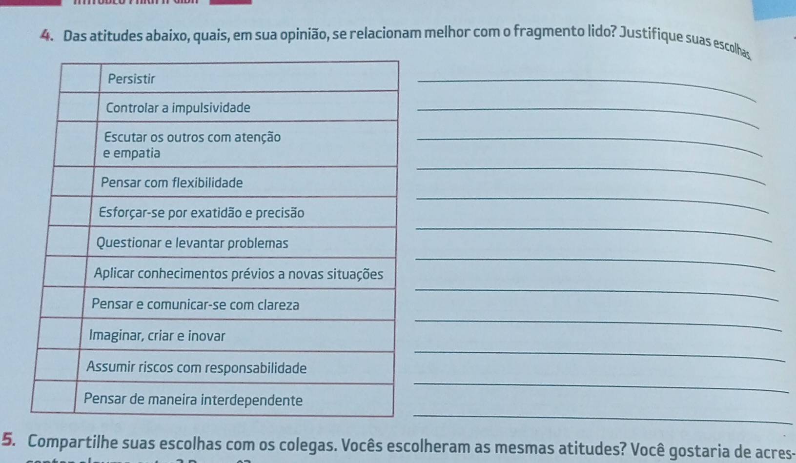 Das atitudes abaixo, quais, em sua opinião, se relacionam melhor com o fragmento lido? Justifique suas escolhas 
_ 
_ 
_ 
_ 
_ 
_ 
_ 
_ 
_ 
_ 
_ 
_ 
5. Compartilhe suas escolhas com os colegas. Vocês escolheram as mesmas atitudes? Você gostaria de acres-