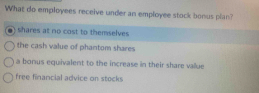 What do employees receive under an employee stock bonus plan?
shares at no cost to themselves
the cash value of phantom shares
a bonus equivalent to the increase in their share value
free financial advice on stocks