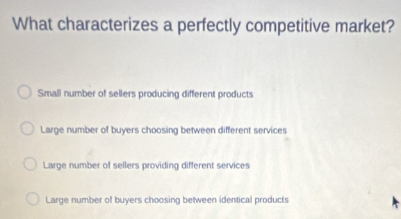 What characterizes a perfectly competitive market?
Small number of sellers producing different products
Large number of buyers choosing between different services
Large number of sellers providing different services
Large number of buyers choosing between identical products