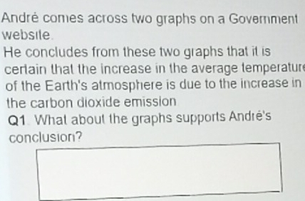 André comes across two graphs on a Goverment 
websile. 
He concludes from these two graphs that it is 
certain that the increase in the average temperatur 
of the Earth's atmosphere is due to the increase in 
the carbon dioxide emission 
Q1. What about the graphs supports André's 
conclusion?