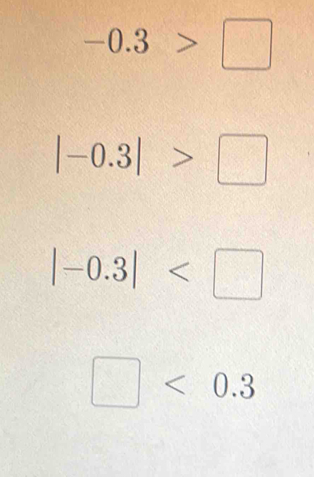 -0.3>□
|-0.3|>□
|-0.3|
□ <0.3