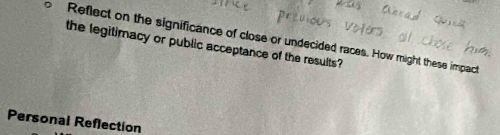 the legitimacy or public acceptance of the results? Reflect on the significance of close or undecided races. How might these impact 
Personal Reflection