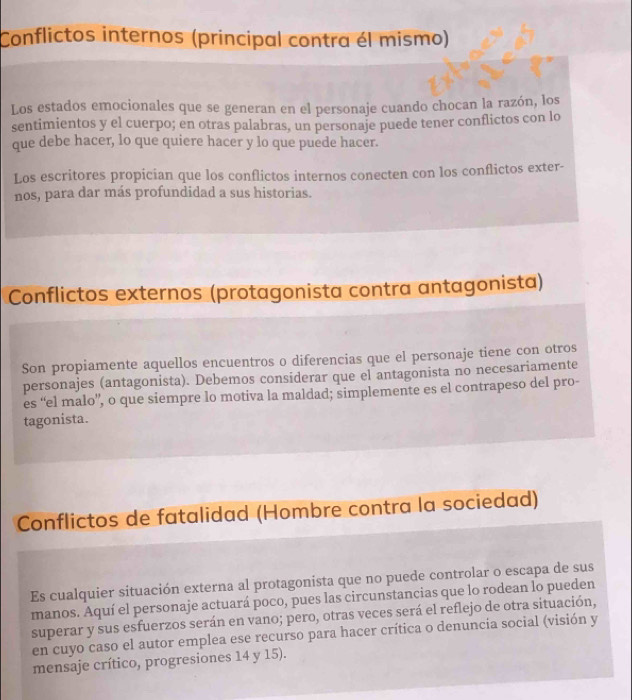 Conflictos internos (principal contra él mismo) 
Los estados emocionales que se generan en el personaje cuando chocan la razón, los 
sentimientos y el cuerpo; en otras palabras, un personaje puede tener conflictos con lo 
que debe hacer, lo que quiere hacer y lo que puede hacer. 
Los escritores propician que los conflictos internos conecten con los conflictos exter- 
nos, para dar más profundidad a sus historias. 
Conflictos externos (protagonista contra antagonista) 
Son propiamente aquellos encuentros o diferencias que el personaje tiene con otros 
personajes (antagonista). Debemos considerar que el antagonista no necesariamente 
es “el malo”, o que siempre lo motiva la maldad; simplemente es el contrapeso del pro- 
tagonista. 
Conflictos de fatalidad (Hombre contra la sociedad) 
Es cualquier situación externa al protagonista que no puede controlar o escapa de sus 
manos. Aquí el personaje actuará poco, pues las circunstancias que lo rodean lo pueden 
superar y sus esfuerzos serán en vano; pero, otras veces será el reflejo de otra situación, 
en cuyo caso el autor emplea ese recurso para hacer crítica o denuncia social (visión y 
mensaje crítico, progresiones 14 y 15).