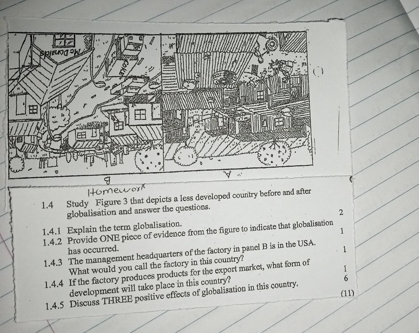 1.4 Study Figure 3 that depicts a less developed country before and after 
globalisation and answer the questions. 
2 
1.4.1 Explain the term globalisation. 
1 
1.4.2 Provide ONE piece of evidence from the figure to indicate that globalisation 
has occurred. 
1.4.3 The management headquarters of the factory in panel B is in the USA. 
1 
What would you call the factory in this country? 
1 
1.4.4 If the factory produces products for the export market, what form of 
development will take place in this country? 
6 
(11) 
1.4.5 Discuss THREE positive effects of globalisation in this country.