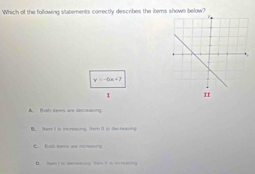 Which of the following statements correctly describes the items shown below?
y=-6x+7
I
II
A Both items are decreasing
B. Item I is increasing. Item I is decreasing.
C. Both items are increasing
D. [tem I is decreasing [tem It is increasing