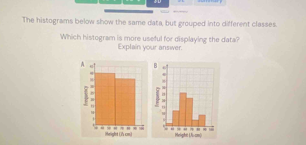 3D summary 
The histograms below show the same data, but grouped into different classes. 
Which histogram is more useful for displaying the data? 
Explain your answer.