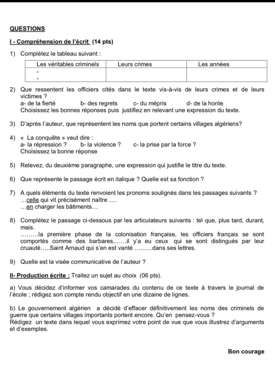 Compréhension de l'écrit (14 pts)
1) Complétez le tableau suivant :
2) Que ressentent les officiers cités dans le texte vis-à-vis de leurs crimes et de leurs
victimes ?
a- de la fierté b- des regrets c- du mépris d- de la honte
Choisissez les bonnes réponses puis justifiez en relevant une expression du texte.
3) D'après l'auteur, que représentent les noms que portent certains villages algériens?
4) « La conquête » veut dire :
a- la répression ? b- la violence ? c- la prise par la force ?
Choisissez la bonne réponse
5) Relevez, du deuxième paragraphe, une expression qui justifie le titre du texte.
6) Que représente le passage écrit en italique ? Quelle est sa fonction ?
7) A quels éléments du texte renvoient les pronoms soulignés dans les passages suivants  ?
celle qui vit précisément naître ....
.en charger les bâtiments...
8) Complétez le passage ci-dessous par les articulateurs suivants : tel que, plus tard, durant,
mais.
_..... .la première phase de la colonisation française, les officiers français se sont
comportés comme des barbares,......il y'a eu ceux qui se sont distinqués par leur
cruauté.....Saint Arnaud qui s'en est vanté .........dans ses lettres.
9) Quelle est la visée communicative de l'auteur ?
II- Production écrite : Traitez un sujet au choix (06 pts).
a) Vous décidez d'informer vos camarades du contenu de ce texte à travers le journal de
l'école ; rédigez son compte rendu objectif en une dizaine de lignes.
b) Le gouvernement algérien a décidé d'effacer définitivement les noms des criminels de
guerre que certains villages importants portent encore. Qu'en pensez-vous ?
Rédigez un texte dans lequel vous exprimez votre point de vue que vous illustrez d'arguments
et d'exemples.
Bon courage