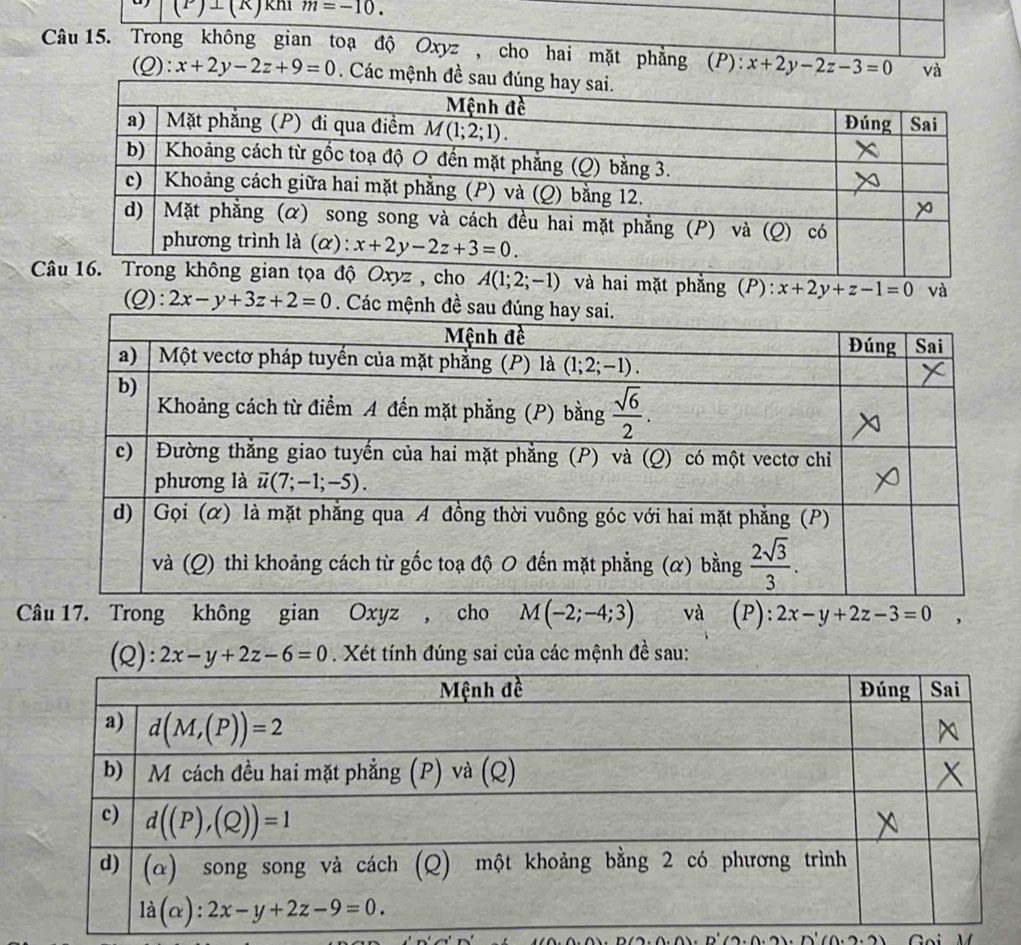 (P)⊥ (K) khi m=-10.
Câu 15. Trong không gian toạ độ Oxyz , cho hai mặt phẳng (P): x+2y-2z-3=0 và
(Q):x+2y-2z+9=0. Các mện
tọa độ Oxyz , cho A(1;2;-1) và hai mặt phẳng (P): x+2y+z-1=0 và
(Q): 2x-y+3z+2=0. Các mệnh đề sa
C không gian Oxyz , cho M(-2;-4;3) (P): 2x-y+2z-3=0 ,
(Q): 2x-y+2z-6=0. Xét tính đúng sai của các mệnh đề sau:
)'(0.2.2