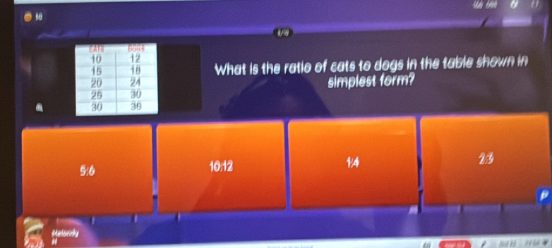 a
What is the ratio of cats to dogs in the table shown in
simplest form?
a
5 : 6 10; 12 1/4 23
Melandy
#