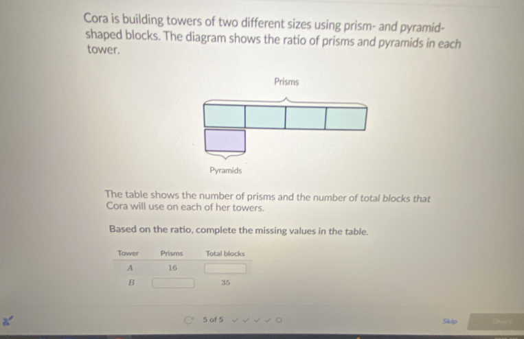 Solved: Cora is building towers of two different sizes using prism- and ...