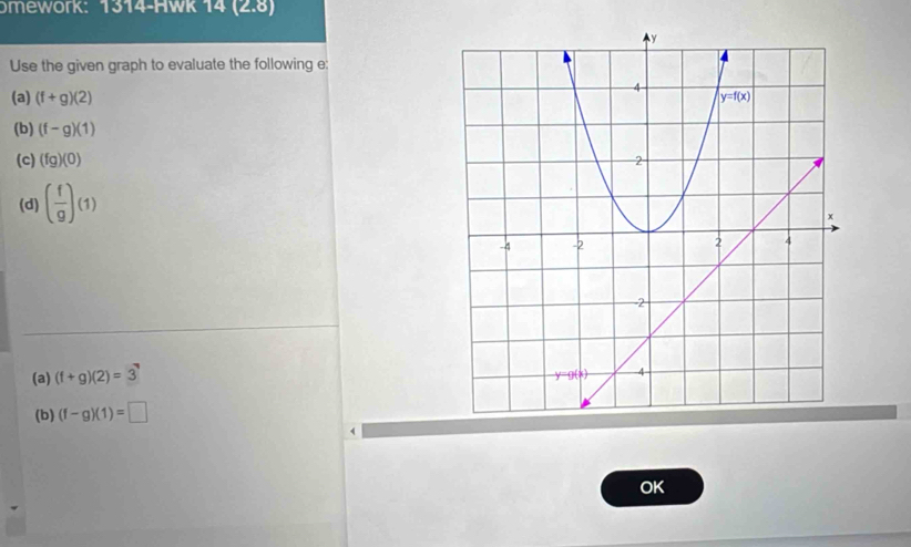 omework: 1314-Hwk 14 (2.8)
Use the given graph to evaluate the following e:
(a) (f+g)(2)
(b) (f-g)(1)
(c) (fg)(0)
(d) ( f/g )(1)
(a) (f+g)(2)=3
(b) (f-g)(1)=□
OK