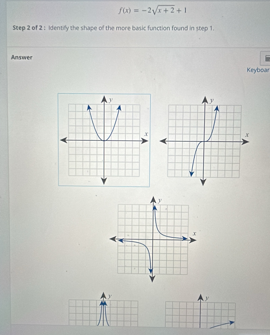 f(x)=-2sqrt(x+2)+1
Step 2 of 2 : Identify the shape of the more basic function found in step 1. 
Answer 
Keyboar
y
y