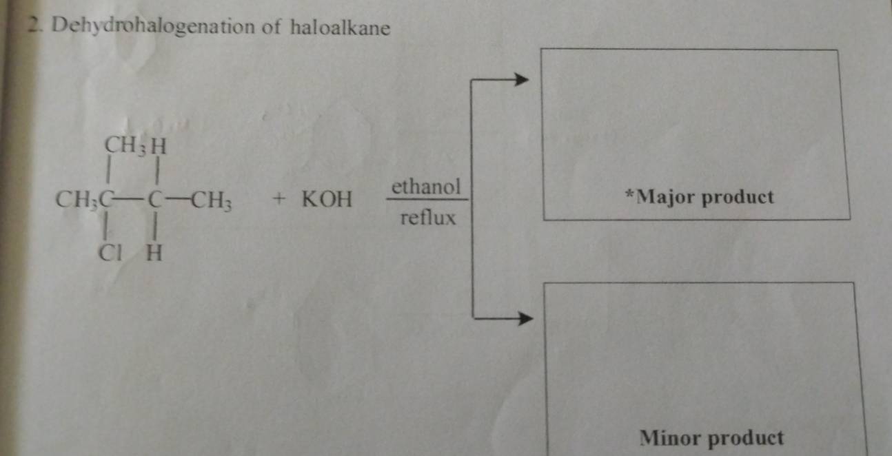 Dehydrohalogenation of haloalkane
CH_3beginarrayl frac c=1cH_3+KO-  ethanol/reflux  *Major product
Minor product