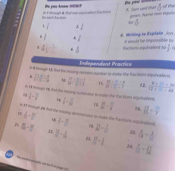 Do you know HOW? Do you DN 
7. Sam said that  4/12  of the 
In 1 through 6, find two equivalent fractions 
for each fraction. 
green. Name two equiv 
for  4/12 . 
1.  1/3  2.  5/6 
3.  2/5  4.  3/8 
8. Writing to Explain Jon 
it would be impossible to 
5.  9/18   1/2  6.  8/10 
fractions equivalent to  1/2 . Is 
Independent Practice 
In 9 through 12, find the missing nonzero number to make the fractions equivalent.
 (1* □ -6)/3* □ -18 
9. 10,  (17/ □ -1)/34/ □ =2  11.  (30/ □ =6)/35/ □ =7  12.  (9* □ =36)/12* □ =48 
In 13 through 16, find the missing numerator to make the fractions equivalent. 
13,  1/3 = □ /9  14.  7/9 = □ /63  15.  30/40 = □ /8   15/35 = □ /7 
16. 
In 17 through 24, find the missing denominator to make the fractions equivalent. 
i7.  5/12 = 10/□   18.  2/7 = 10/□   19.  14/80 = 7/□    6/18 = 3/□  
21,  80/100 = 20/□   22.  12/□  = 3/16   10/□  = 2/5 
20. 
23, 
24,  7/□  = 21/36 
228 *For another example, see Set D on page 251.