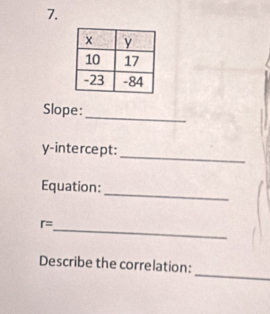 Slope: 
_ 
y-intercept: 
_ 
Equation: 
_
r=
_ 
Describe the correlation: