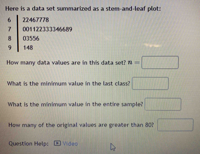 Here is a data set summarized as a stem-and-leaf plot: 
How many data values are in this data set? n=□
What is the minimum value in the last class? □ 
What is the minimum value in the entire sample? □ 
How many of the original values are greater than 80? □ 
Question Help: Video