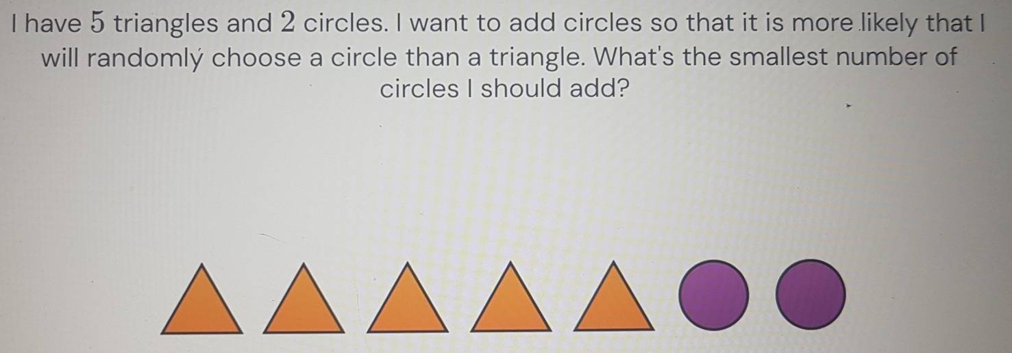 have 5 triangles and 2 circles. I want to add circles so that it is more likely that I 
will randomlý choose a circle than a triangle. What's the smallest number of 
circles I should add?