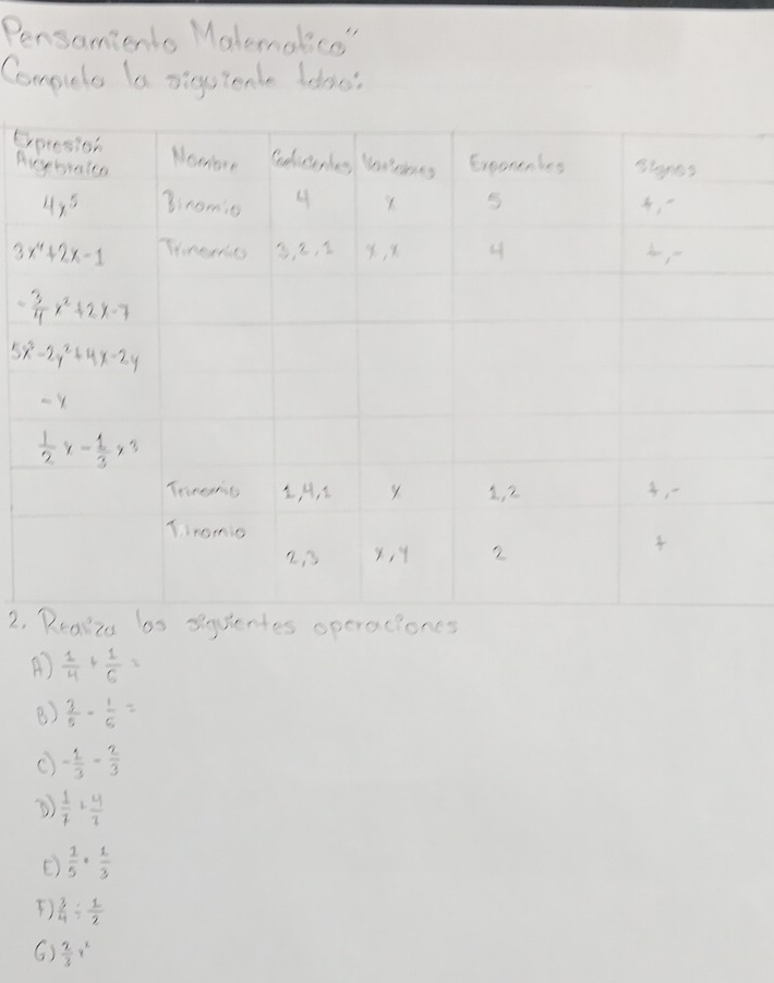 Pensamients Malemalice"
Compuete la sigsionle doloo?
S
Ai
2.s operaciones
A)  1/4 + 1/6 =
B)  3/5 - 1/5 =
( - 1/3 - 2/3 
 1/7 + 4/7 
(  1/5 ·  1/3 
)  3/4 /  1/2 
()  2/3 r^2