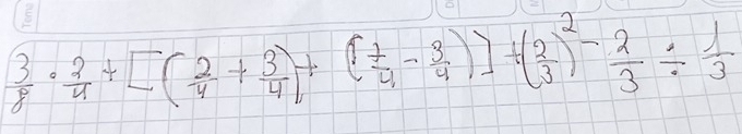  3/8 ·  2/4 +[( 2/4 + 3/4 )+( 7/4 - 3/4 )]+( 2/3 )^2- 2/3 /  1/3 