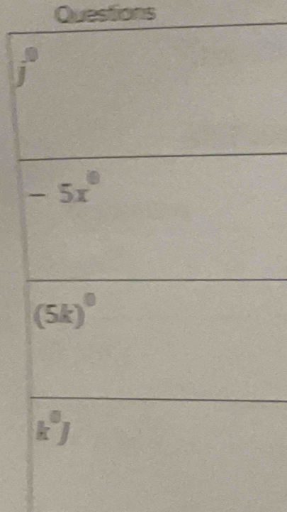 Questions
J frac 
-5x°
(5k)^0
k^0j