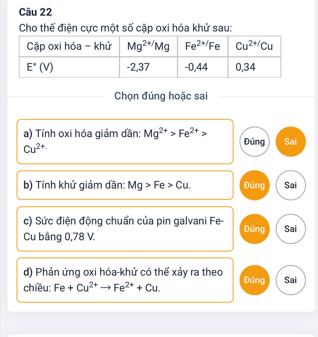 Cho thế điện cực một số cặp oxi hóa khử sau:
Chọn đúng hoặc sai
a) Tính oxi hóa giảm dần: Mg^(2+)>Fe^(2+)>
Cu^(2+)·
Đúng Sai
b) Tính khử giảm dần: Mg>Fe>Cu. Đúng Sai
c) Sức điện động chuẩn của pin galvani Fe-
Đúng Sai
Cu bằng 0,78 V.
d) Phản ứng oxi hóa-khử có thể xảy ra theo
Đúng Sai
chiều: Fe+Cu^(2+)to Fe^(2+)+Cu.