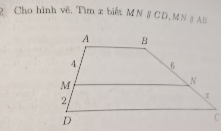 Cho hình vẽ. Tìm x biết MNparallel CD, MNparallel AB