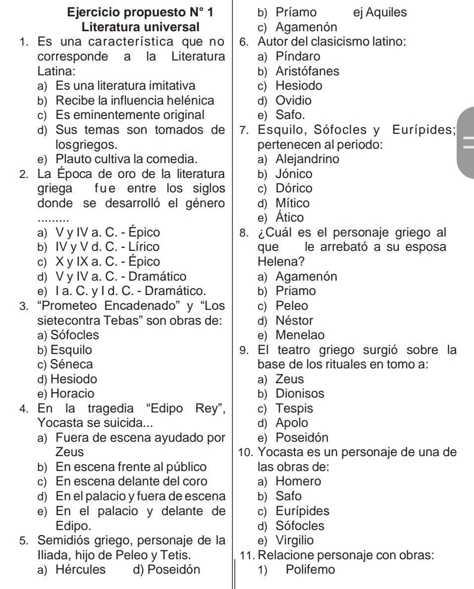 Ejercicio propuesto N° 1 b) Príamo ej Aquiles
Literatura universal c) Agamenón
1. Es una característica que no 6. Autor del clasicismo latino:
corresponde a la Literatura a) Píndaro
Latina: b) Aristófanes
a) Es una literatura imitativa c) Hesiodo
b) Recibe la influencia helénica d) Ovidio
c) Es eminentemente original e) Safo.
d) Sus temas son tomados de  7. Esquilo, Sófocles y Eurípides;
losgriegos. pertenecen al periodo:
e) Plauto cultiva la comedia. a) Alejandrino
2. La Época de oro de la literatura b) Jónico
griega füe entre los siglos c) Dórico
donde se desarrolló el género d) Mítico
e) Ático
a) V y IV a. C. - Épico 8. ¿Cuál es el personaje griego al
b) IV y V d. C. - Lírico que ele arrebató a su esposa
c) X y IX a. C. - Épico Helena?
d) V y IV a. C. - Dramático a) Agamenón
e) I a. C. y I d. C. - Dramático. b) Priamo
3. “Prometeo Encadenado” y “Los c) Peleo
sietecontra Tebas" son obras de: d) Néstor
a) Sófocles e) Menelao
b) Esquilo 9. El teatro griego surgió sobre la
c) Séneca base de los rituales en tomo a:
d) Hesiodo a) Zeus
e) Horacio b) Dionisos
4. En la tragedia “Edipo Rey”, c) Tespis
Yocasta se suicida... d) Apolo
a) Fuera de escena ayudado por e) Poseidón
Zeus 10. Yocasta es un personaje de una de
b) En escena frente al público las obras de:
c) En escena delante del coro a) Homero
d) En el palacio y fuera de escena b) Safo
e) En el palacio y delante de c) Eurípides
Edipo. d) Sófocles
5. Semidiós griego, personaje de la e) Virgilio
Iliada, hijo de Peleo y Tetis. 11. Relacione personaje con obras:
a) Hércules d) Poseidón 1) Polifemo