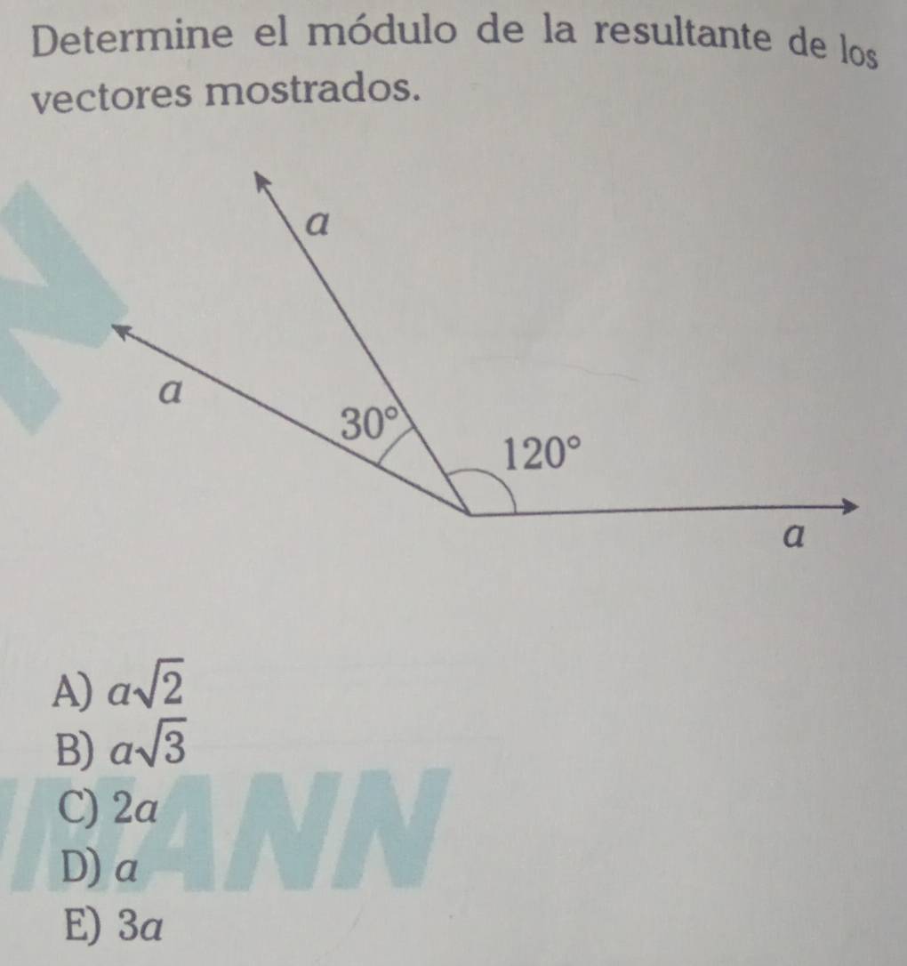 Determine el módulo de la resultante de loss
vectores mostrados.
A) asqrt(2)
B) asqrt(3)
C) 2a
D)a
E) 3a