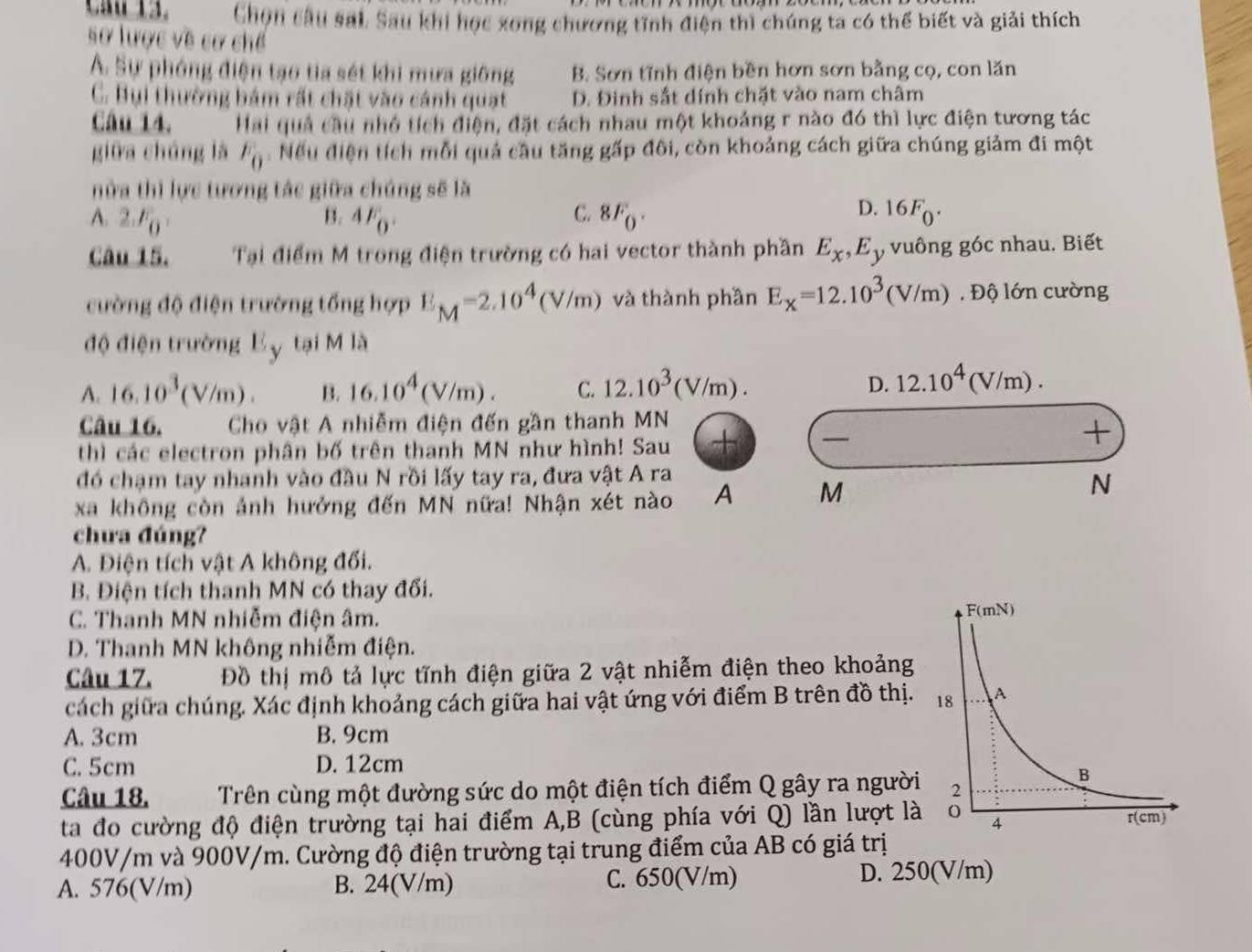 Cau 13. Chọn câu sal. Sau khi học xong chương tĩnh điện thì chúng ta có thể biết và giải thích
sơ lược về cơ chế
A Sự phóng điện tạo tia sét khi mưa giông B. Sơn tĩnh điện bền hơn sơn bằng cọ, con lăn
C. Bụi thường bám rất chặt vào cánh quạt D. Đinh sắt dính chặt vào nam châm
Câu 14. Hai quả cầu nhớ tích điện, đặt cách nhau một khoảng r nào đó thì lực điện tương tác
giữa chúng là F_0. Nếu điện tích mỗi quả cầu tăng gấp đôi, còn khoảng cách giữa chúng giảm đi một
nửa thì lực tương tác giữa chúng sẽ là
C.
D.
A. 2.F_0 B. 4F_0. 8F_0. 16F_0.
Câu 15. Tại điểm M trong điện trường có hai vector thành phần E_x,E_y vuông góc nhau. Biết
cường độ điện trường tổng hợp E_M=2.10^4(V/m) và thành phần E_X=12.10^3(V/m). Độ lớn cường
độ điện trường Ey tại M là
A. 16.10^3(V/m). B. 16.10^4(V/m). C. 12.10^3(V/m). D. 12.10^4(V/m).
Câu 16. Cho vật A nhiễm điện đến gần thanh MN
thì các electron phân bố trên thanh MN như hình! Sau + 
+
đó chạm tay nhanh vào đầu N rồi lấy tay ra, đưa vật A ra
xa không còn ảnh hưởng đến MN nữa! Nhận xét nào A M
N
chưa đúng?
A. Điện tích vật A không đối.
B. Điện tích thanh MN có thay đối.
C. Thanh MN nhiễm điện âm.
D. Thanh MN không nhiễm điện.
Câu 17. Đồ thị mô tả lực tĩnh điện giữa 2 vật nhiễm điện theo khoảng
cách giữa chúng. Xác định khoảng cách giữa hai vật ứng với điểm B trên đồ thị.
A. 3cm B. 9cm
C. 5cm D. 12cm
Câu 18. Trên cùng một đường sức do một điện tích điểm Q gây ra người
ta đo cường độ điện trường tại hai điểm A,B (cùng phía với Q) lần lượt là
400V/m và 900V/m. Cường độ điện trường tại trung điểm của AB có giá trị
A. 576(V/m) B. 24(V/m) C. 650(V/m) D. 250(V/m)