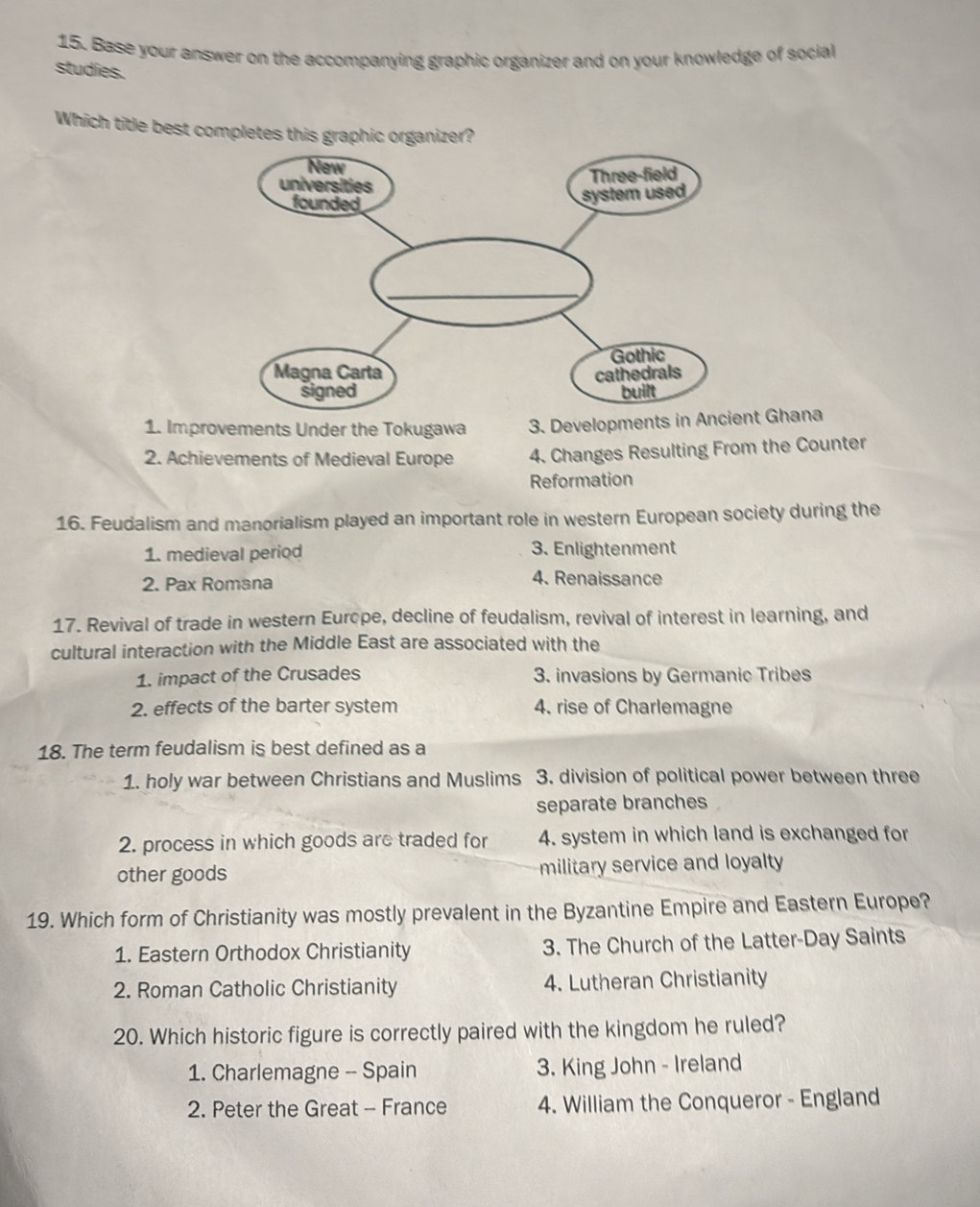 Base your answer on the accompanying graphic organizer and on your knowledge of social
studies.
Which title best completes this graphic organizer?
1. Improvements Under the Tokugawa 3. Developments in Ancient Ghana
2. Achievements of Medieval Europe 4. Changes Resulting From the Counter
Reformation
16. Feudalism and manorialism played an important role in western European society during the
1. medieval period 3. Enlightenment
2. Pax Romana 4. Renaissance
17. Revival of trade in western Europe, decline of feudalism, revival of interest in learning, and
cultural interaction with the Middle East are associated with the
1. impact of the Crusades 3. invasions by Germanic Tribes
2. effects of the barter system 4. rise of Charlemagne
18. The term feudalism is best defined as a
1. holy war between Christians and Muslims 3. division of political power between three
separate branches
2. process in which goods are traded for 4. system in which land is exchanged for
other goods military service and loyalty
19. Which form of Christianity was mostly prevalent in the Byzantine Empire and Eastern Europe?
1. Eastern Orthodox Christianity 3. The Church of the Latter-Day Saints
2. Roman Catholic Christianity 4. Lutheran Christianity
20. Which historic figure is correctly paired with the kingdom he ruled?
1. Charlemagne -- Spain 3. King John - Ireland
2. Peter the Great - France 4. William the Conqueror - England